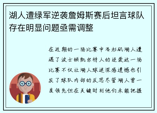 湖人遭绿军逆袭詹姆斯赛后坦言球队存在明显问题亟需调整