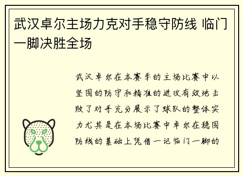 武汉卓尔主场力克对手稳守防线 临门一脚决胜全场