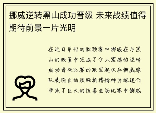 挪威逆转黑山成功晋级 未来战绩值得期待前景一片光明