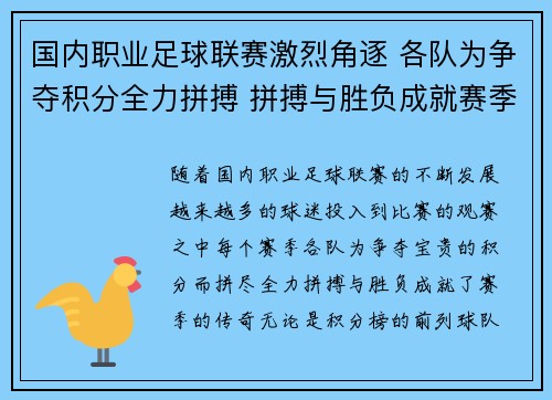 国内职业足球联赛激烈角逐 各队为争夺积分全力拼搏 拼搏与胜负成就赛季传奇