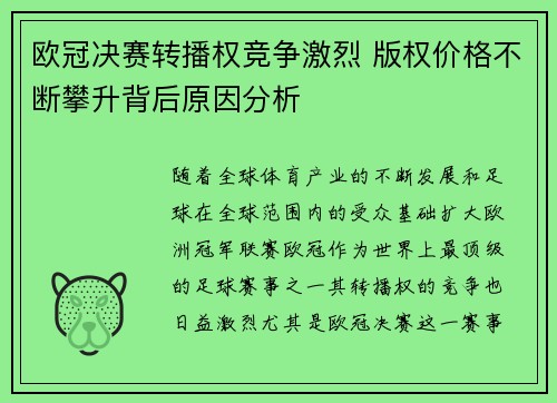 欧冠决赛转播权竞争激烈 版权价格不断攀升背后原因分析