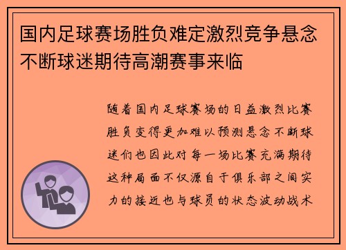 国内足球赛场胜负难定激烈竞争悬念不断球迷期待高潮赛事来临